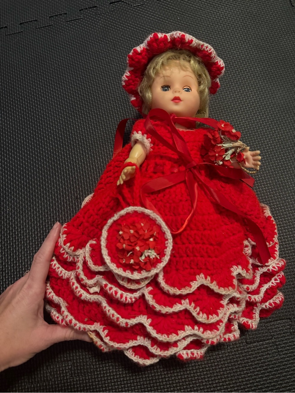 Vintage Blonde Doll with Handmade Red Crochet Gown & Accessories